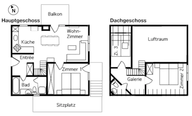 Grundriss der Maisonette mit Hauptgeschoss und Dachgeschoss